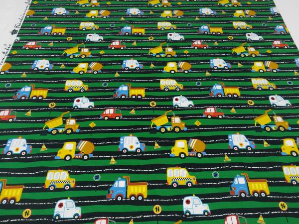 Fabric cotton jersey with car poilzeiauto trucks concrete mixer design green yellow blue colorful children's fabric dress fabric