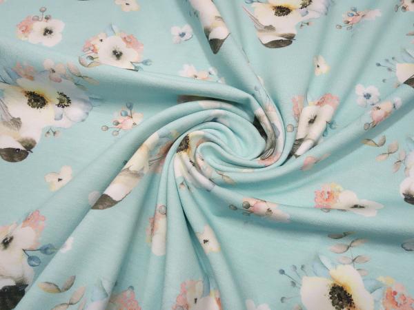 Stoff Baumwolle Jersey mit Vögel Spatzen Blumen Design hellblau weiss rosa braun sand Kinderstoff Kleiderstoff