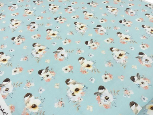 Stoff Baumwolle Jersey mit Vögel Spatzen Blumen Design hellblau weiss rosa braun sand Kinderstoff Kleiderstoff