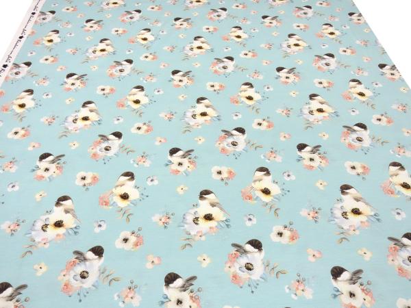 Stoff Baumwolle Jersey mit Vögel Spatzen Blumen Design hellblau weiss rosa braun sand Kinderstoff Kleiderstoff