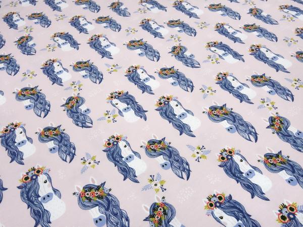 Stoffreststück 20 cm x 145 cm Baumwolle Jersey mit Pferde Pony Pferdekopf Design rosa blau bunt Kinderstoff Kleiderstoff