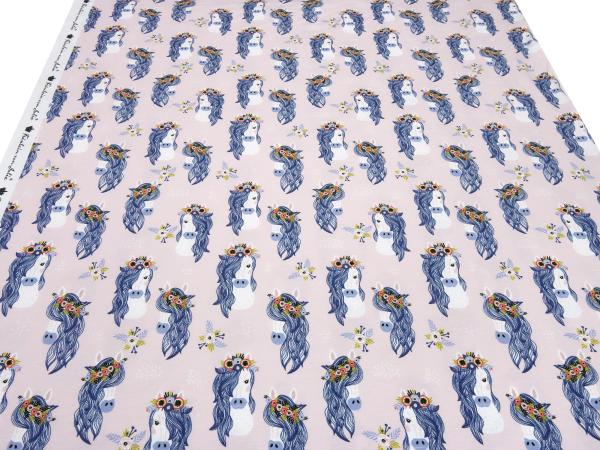 Stoffreststück 20 cm x 145 cm Baumwolle Jersey mit Pferde Pony Pferdekopf Design rosa blau bunt Kinderstoff Kleiderstoff