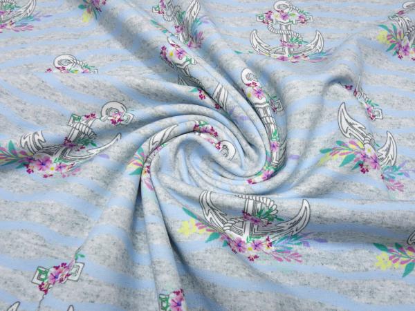 Fabric summer sweatshirt fabric French Terry with trendy maritime anchor flowers waves design light gray melange light blue white colorful dress fabric kids fabric