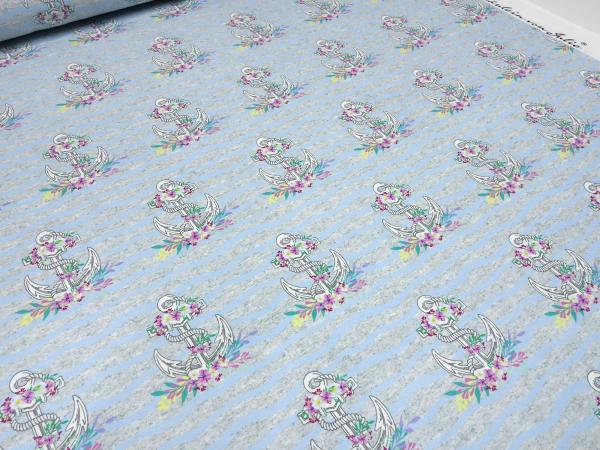 Fabric summer sweatshirt fabric French Terry with trendy maritime anchor flowers waves design light gray melange light blue white colorful dress fabric kids fabric