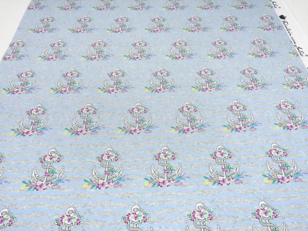 Fabric summer sweatshirt fabric French Terry with trendy maritime anchor flowers waves design light gray melange light blue white colorful dress fabric kids fabric