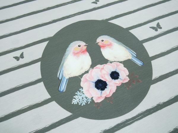 Stoff Baumwolle Jersey Panel Vögel Blumenmuster Design grau rosa blau weiß bunt Kinderstoff Kleiderstoff 0,75 m x 1,40 m