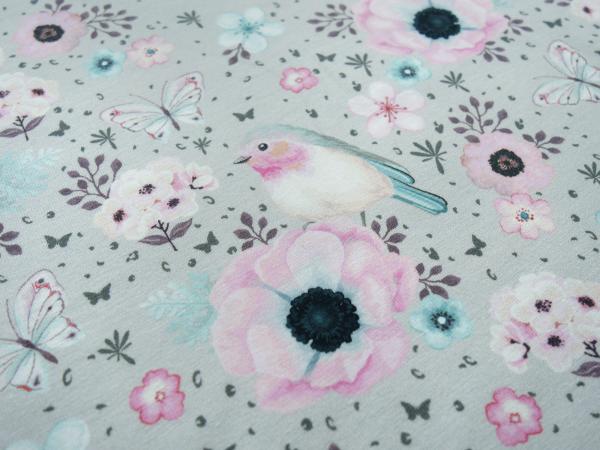 Stoff Baumwolle Jersey Panel Vögel Blumenmuster Design grau rosa blau weiß bunt Kinderstoff Kleiderstoff 0,75 m x 1,40 m