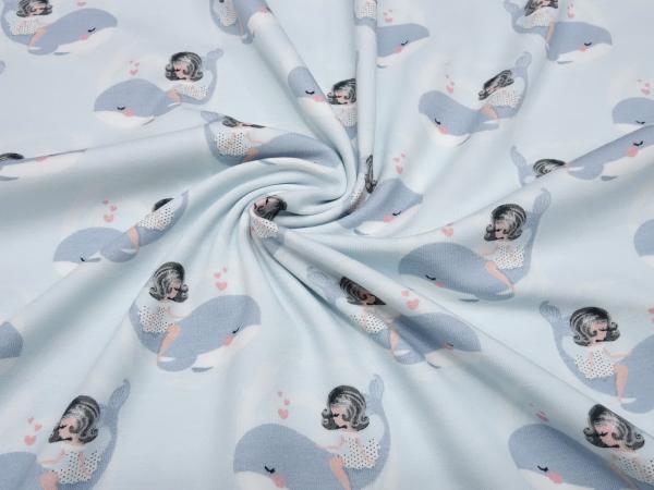 Fabric cotton jersey with whale girl hearts design light blue gray white pink girl fabric children's fabric dress fabric