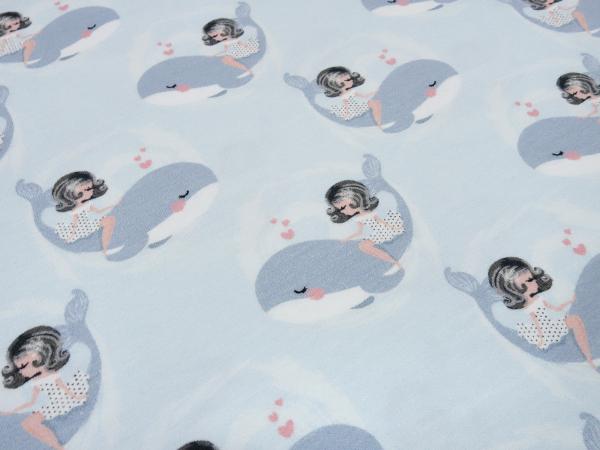 Fabric cotton jersey with whale girl hearts design light blue gray white pink girl fabric children's fabric dress fabric