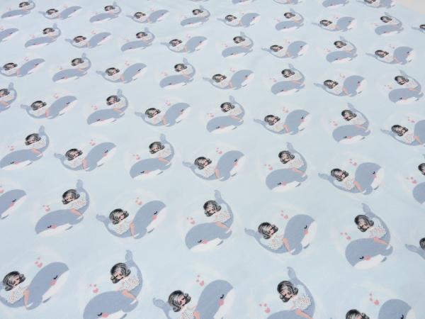 Fabric cotton jersey with whale girl hearts design light blue gray white pink girl fabric children's fabric dress fabric