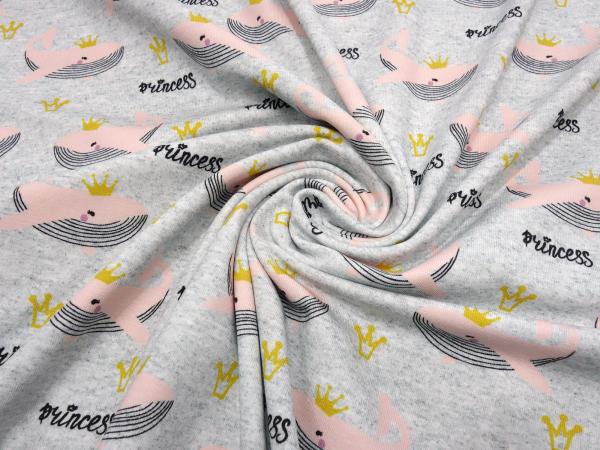 Fabric cotton jersey with whale princess crown design grey melange pink black gold children's fabric dress fabric