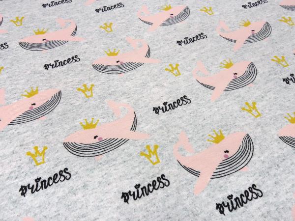 Fabric cotton jersey with whale princess crown design grey melange pink black gold children's fabric dress fabric