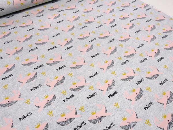 Fabric cotton jersey with whale princess crown design grey melange pink black gold children's fabric dress fabric