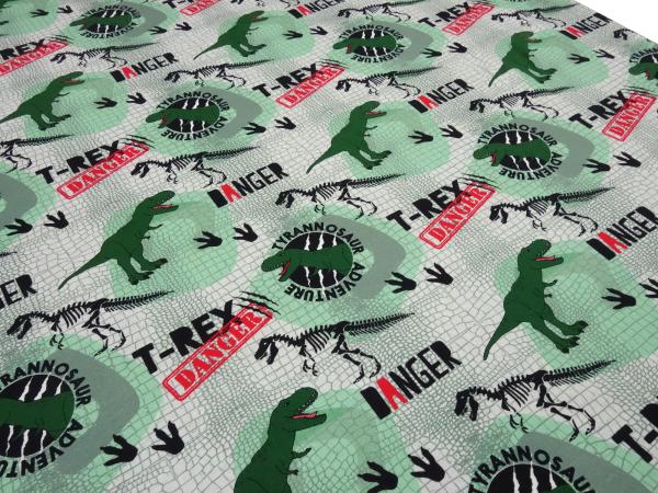Cotton French Terry sweatshirt fabric with dino dinosaur design green grey black red children's fabric dress fabric