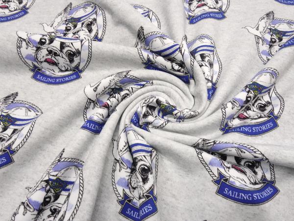 Stoff Sweatshirtstoff French Terry Hunde Franz. Bulldog Möven grau blau weiß Kleiderstoff Kinderstoff Fräulein von Julie