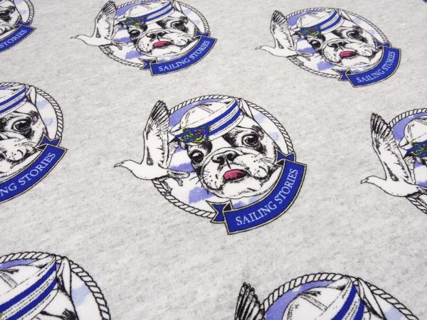Stoff Sweatshirtstoff French Terry Hunde Franz. Bulldog Möven grau blau weiß Kleiderstoff Kinderstoff Fräulein von Julie
