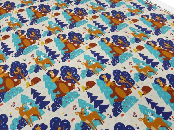 Stoff Baumwolle Jersey mit Waldtiere Rehe Bären Füchse Igel Hasen Design beige blau türkis braun bunt Kinderstoff Kleiderstoff