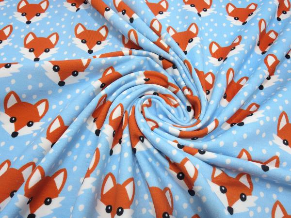 Fabric cotton jersey with foxes fox head design blue white orange children's fabric dress fabric
