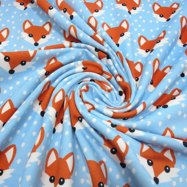 Fabric cotton jersey with foxes fox head design blue white orange children's fabric dress fabric