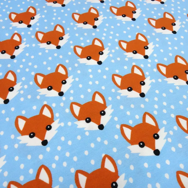 Fabric cotton jersey with foxes fox head design blue white orange children's fabric dress fabric