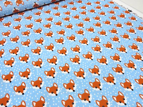 Fabric cotton jersey with foxes fox head design blue white orange children's fabric dress fabric