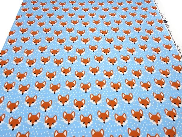 Fabric cotton jersey with foxes fox head design blue white orange children's fabric dress fabric