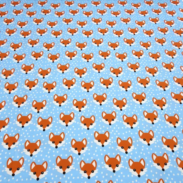 Fabric cotton jersey with foxes fox head design blue white orange children's fabric dress fabric