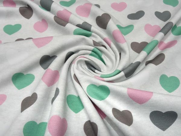 Stoff Baumwolle Sweatshirtstoff French Terry mit Herzen Design hellgrau rosa grün grau Kinderstoff Kleiderstoff
