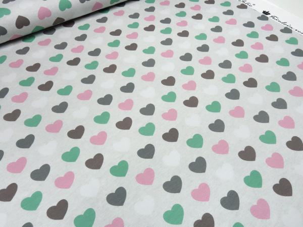 Stoff Baumwolle Sweatshirtstoff French Terry mit Herzen Design hellgrau rosa grün grau Kinderstoff Kleiderstoff