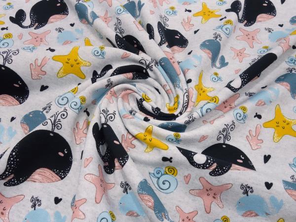 Fabric cotton jersey with whales starfish design light gray blue yellow pink black children's fabric dress fabric