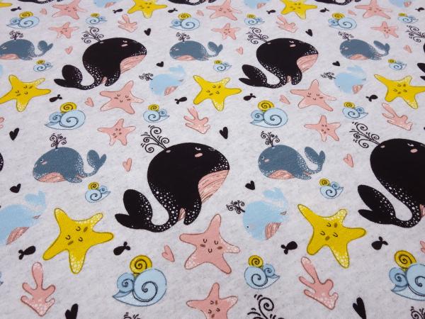 Fabric cotton jersey with whales starfish design light gray blue yellow pink black children's fabric dress fabric