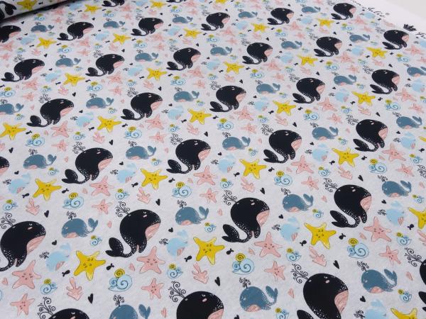 Fabric cotton jersey with whales starfish design light gray blue yellow pink black children's fabric dress fabric