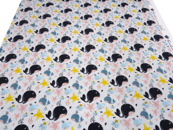 Fabric cotton jersey with whales starfish design light gray blue yellow pink black children's fabric dress fabric