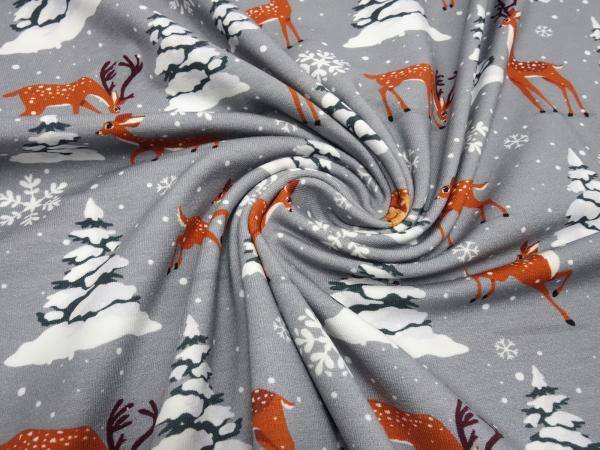 Fabric cotton jersey with deer deer ice crystals snowflakes design gray brown white colorful children's fabric dress fabric