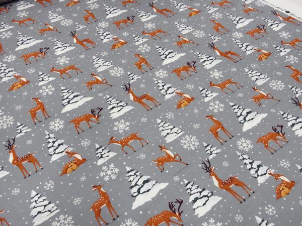 Fabric cotton jersey with deer deer ice crystals snowflakes design gray brown white colorful children's fabric dress fabric