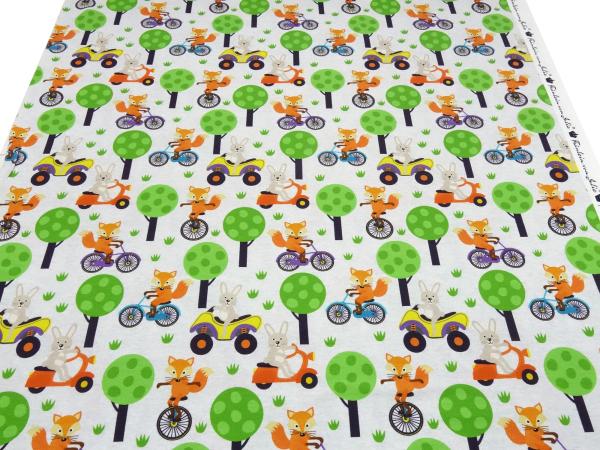 Stoff Baumwolle Jersey mit Füchse Hasen Design grau melange orange grün bunt Kleiderstoff Kinderstoff