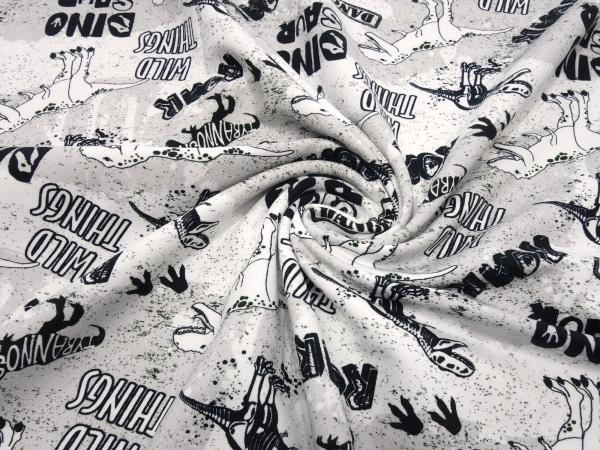 Stoff Baumwolle French Terry Sweatshirtstoff Dino Dinosaurier Design schwarz weiß grau Kinderstoff Kleiderstoff