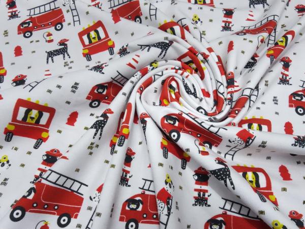 Stoff Baumwolle Jersey mit Feuerwehr Hunde Dalmatiner Design hellgrau rot gelb schwarz bunt Kinderstoff Kleiderstoff
