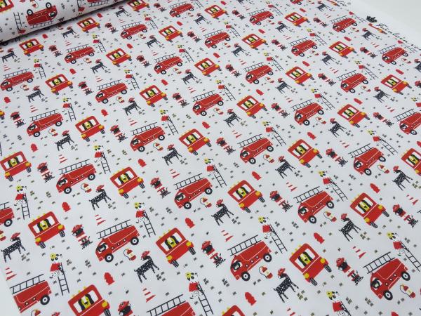Stoff Baumwolle Jersey mit Feuerwehr Hunde Dalmatiner Design hellgrau rot gelb schwarz bunt Kinderstoff Kleiderstoff