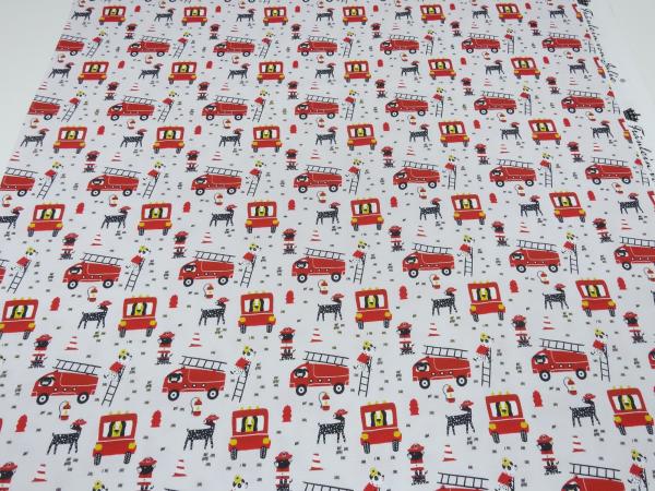 Stoff Baumwolle Jersey mit Feuerwehr Hunde Dalmatiner Design hellgrau rot gelb schwarz bunt Kinderstoff Kleiderstoff