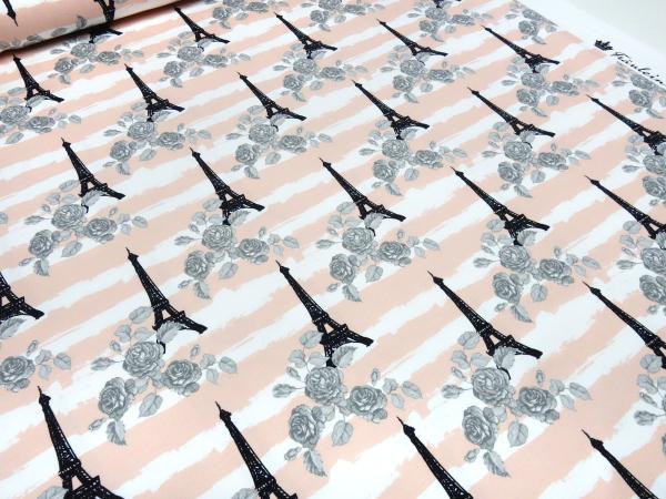 Stoff Baumwolle French Terry Sweatshirtstoff Eiffelturm Rosen Streifen Design lachs weiß grau schwarz Kleiderstoff Kinderstoff