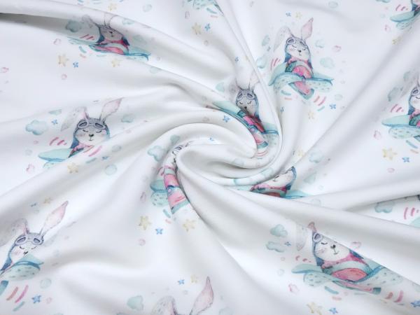 Stoff Baumwolle French Terry Sweatshirtstoff Hasen Häschen Flieger Flugzeige Design weiß bunt Kinderstoff Kleiderstoff