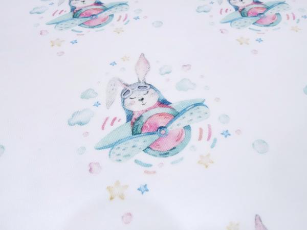 Stoff Baumwolle French Terry Sweatshirtstoff Hasen Häschen Flieger Flugzeige Design weiß bunt Kinderstoff Kleiderstoff