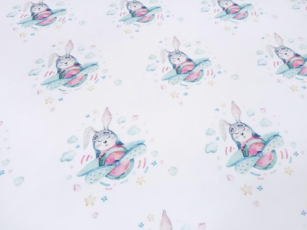 Stoff Baumwolle French Terry Sweatshirtstoff Hasen Häschen Flieger Flugzeige Design weiß bunt Kinderstoff Kleiderstoff