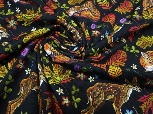 Stoff Baumwolle Jersey mit Waldtiere Rehe Füchse Blätter Herbst Design schwarz orange braun grün bunt Kinderstoffe Kleiderstoffe