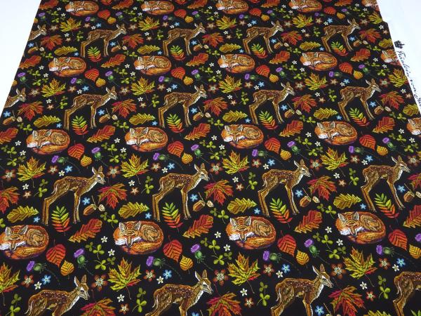 Stoff Baumwolle Jersey mit Waldtiere Rehe Füchse Blätter Herbst Design schwarz orange braun grün bunt Kinderstoffe Kleiderstoffe