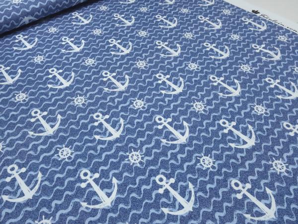 Stoff Baumwolle French Terry Sweatshirtstoff maritim Anker Wellen Design blau weiß Kleiderstoff Kinderstoff