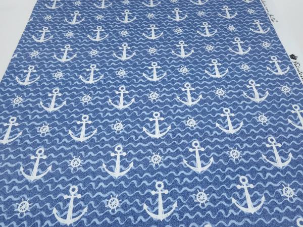 Stoff Baumwolle French Terry Sweatshirtstoff maritim Anker Wellen Design blau weiß Kleiderstoff Kinderstoff