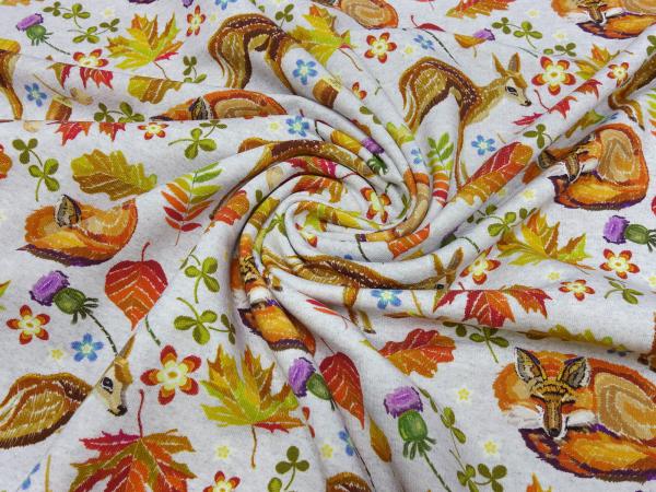 Stoff Baumwoll French Terry Sweatshirtstoff mit Rehe Füchse Herbst Blätter Design grau melange braun orange bunt Kinderstoff Kleiderstoff