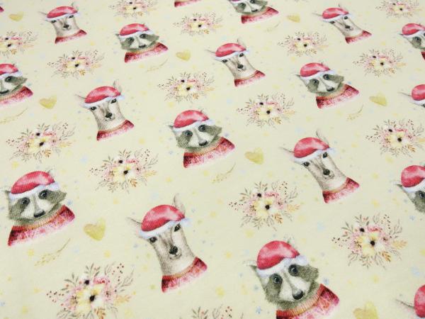 Stoff Baumwoll French Terry Sweatshirtstoff Weihnachten Rehe Waschbär Herzen Design vanille rot weiß braun beige bunt Kinderstoff Kleiderstoff
